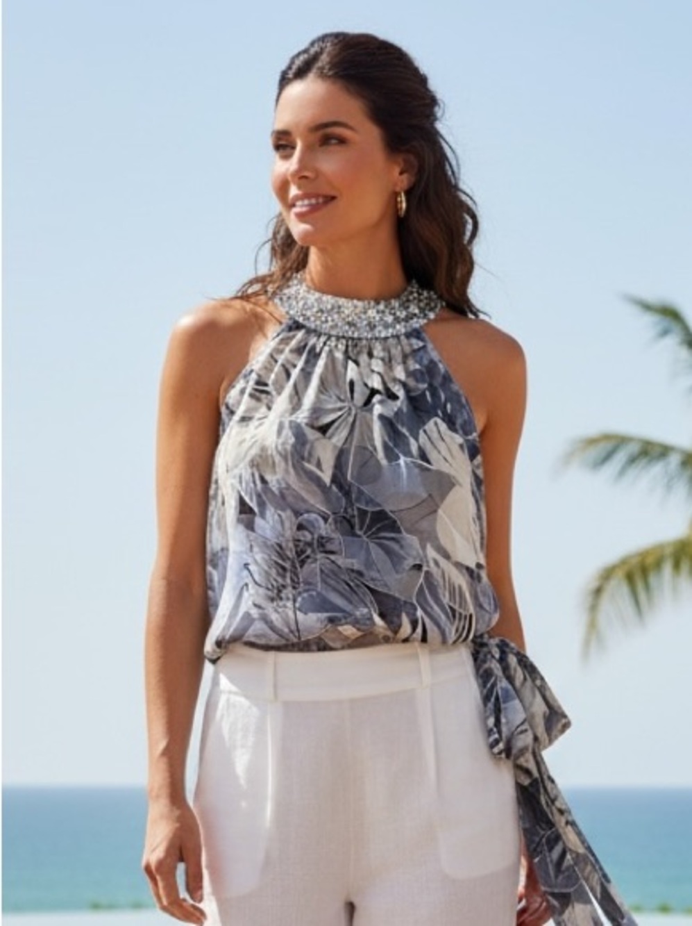 CACHÉ Beaded Silk Blend Floral Halter Dressy Top | Statement Tank
